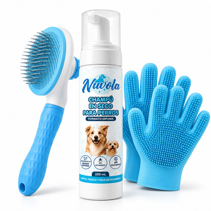PACK BAÑO TRANQUILO · Champú en seco + Cepillo ergonómico + Guantes masaje