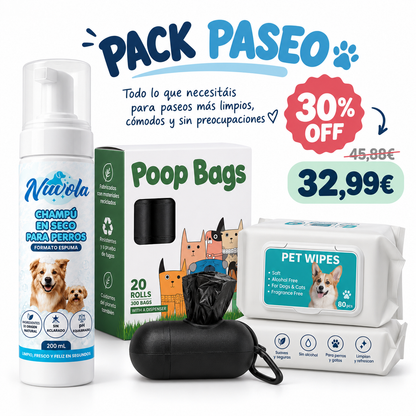 PACK PASEO · Champú en seco + Toallitas higiénicas + 300 bolsas excrementos